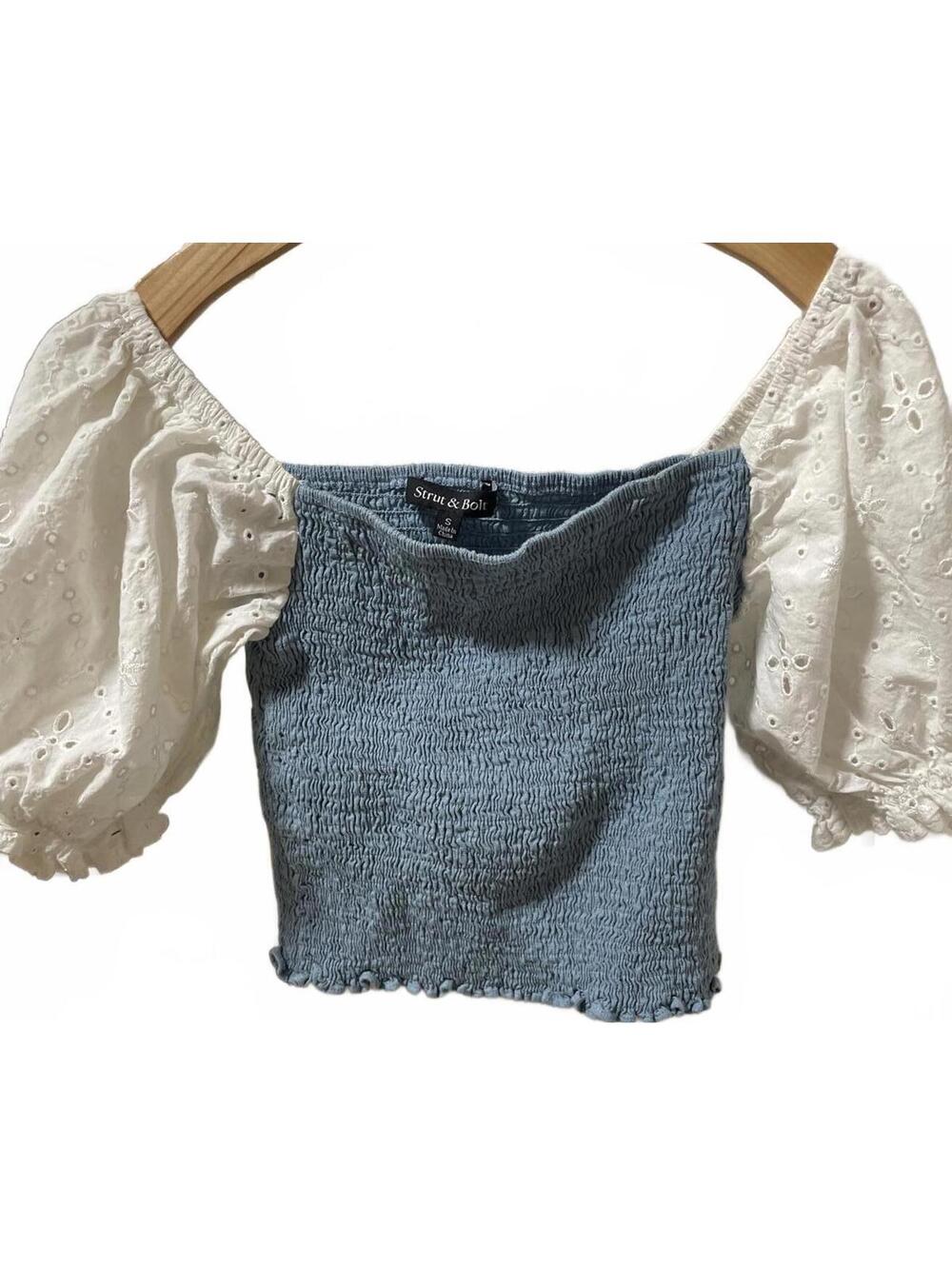 Strut & Bolt Blouse Top Womens Size Small Blue White Boho Peasant Balloon Sleave - Picture 7 of 7
